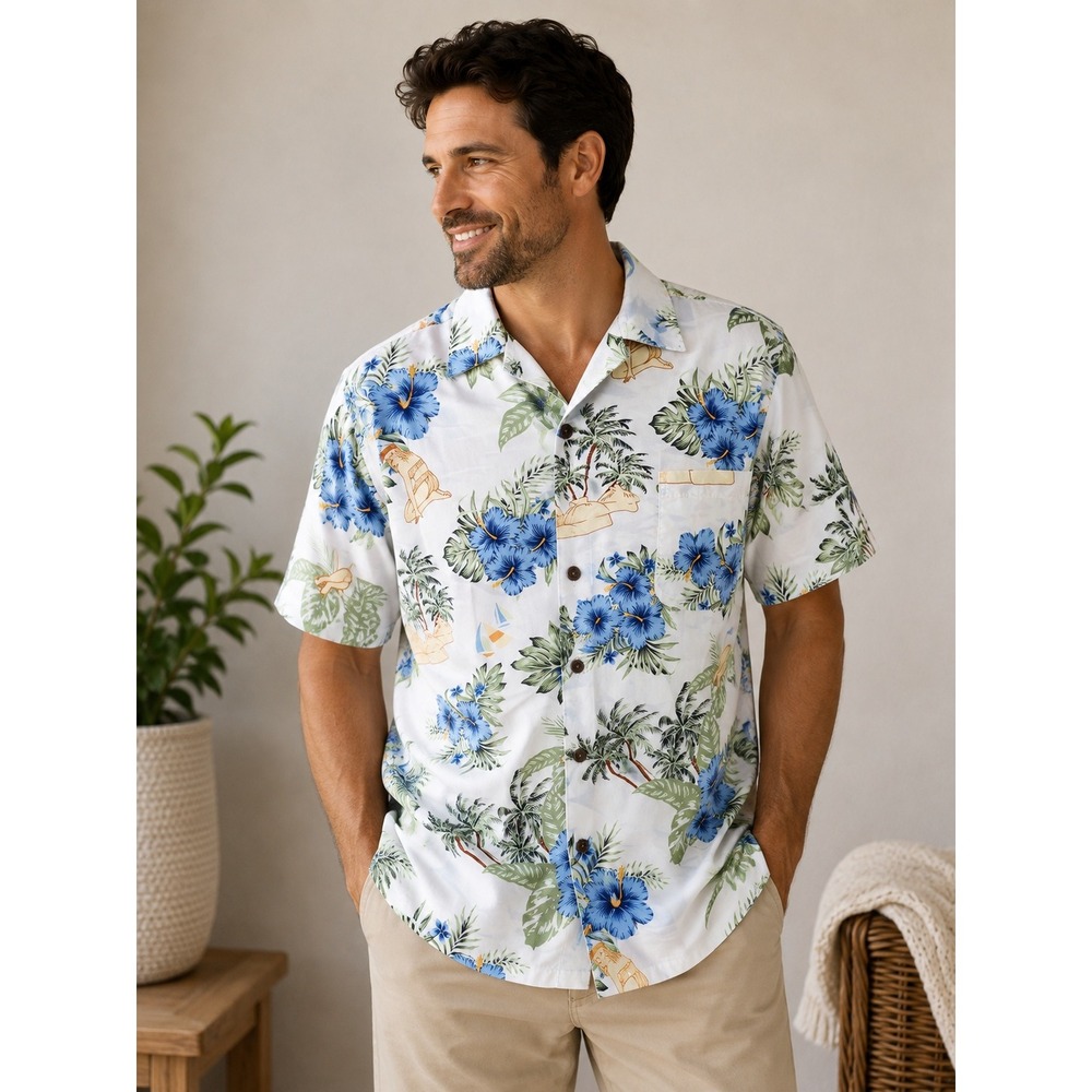 Tropical Storm Mens 3XL Hawaiian Shirt Blue Hibiscus Hula Girl Aloha Camp White